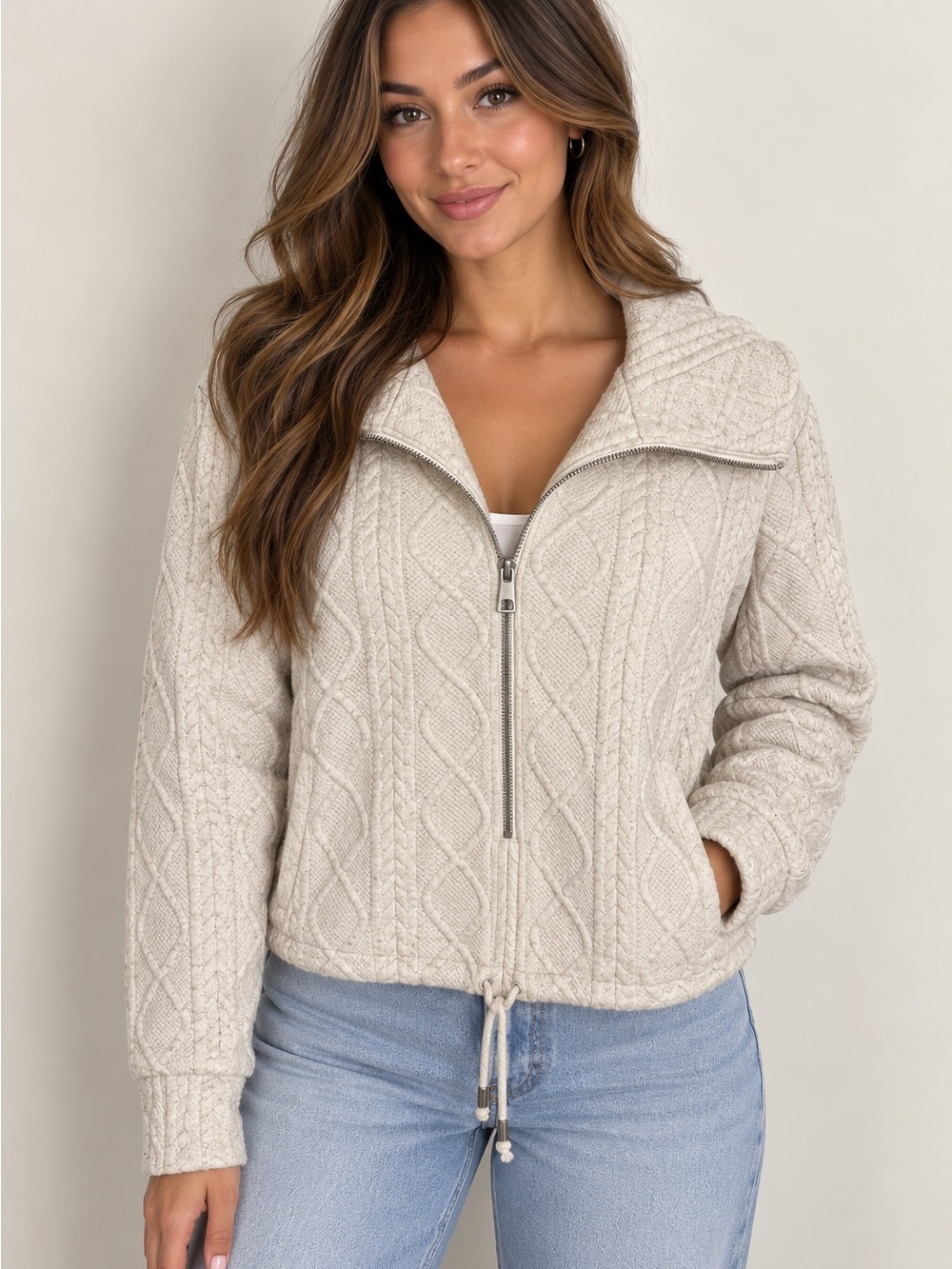 White House Black Market Cream Cable-Knit Teddy Jacket with Zip